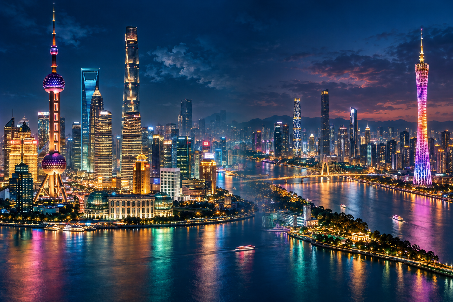 Montagem ilustrativa de Shanghai e Guangzhou à noite